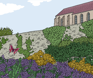 Illustration vom Kloster Dalheim mit den Gärten.