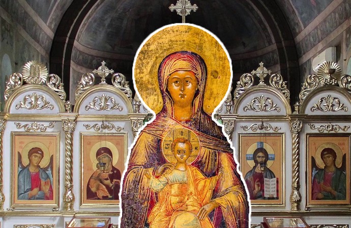 Zusammenschnitt von einem Foto mit verschiedenen Ikonen und der Ikone „Muttergottes vom Kyjiwer Höhlenkloster mit ausgewählten Heiligen“